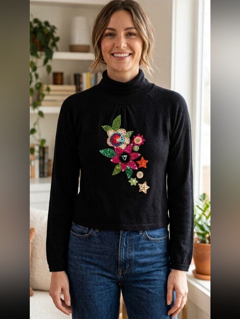 {Vents d' Ailleurs} Black Long-Sleeve Turtleneck Colorful Floral Embellishment